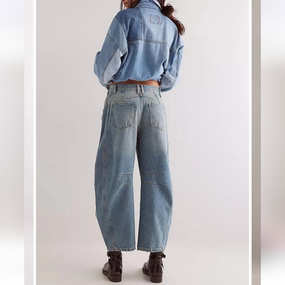 Free People Good Luck Barrel Jeans Mid Rise Distressed Relaxed Kismet  28 NWOT - Picture 3 of 15